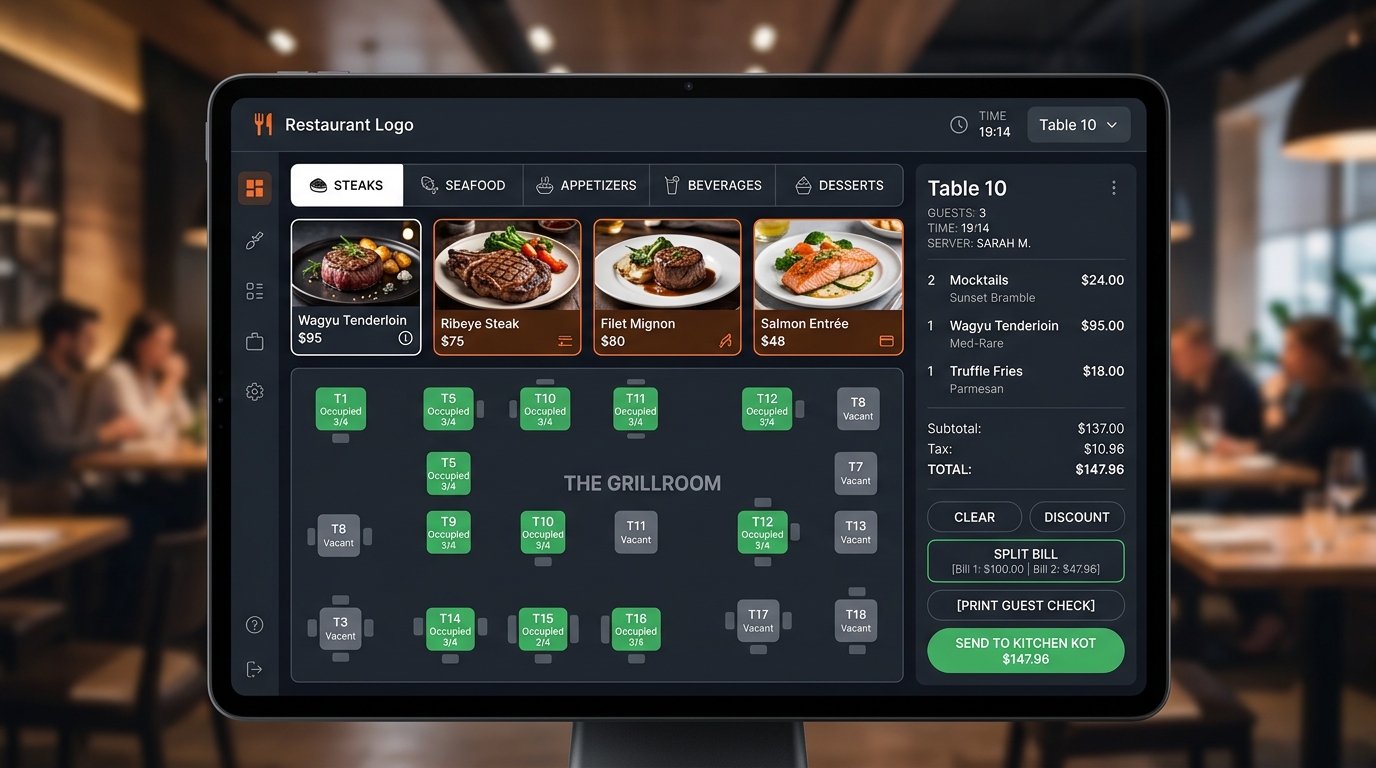 SoloPOS Restaurant Touch Terminal Interface with Visual Table Floor Plan